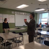 <p>Headmaster Greg Hatzis leads a tour of the new classrooms and cafeteria at Fairfield Ludlowe High School.</p>