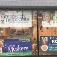 <p>Democratic Party headquarters in Greenwich, promoting historic winners Alexandra Bernstein and Steve Meskers.</p>