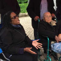 <p>Pvt. Eugene Lyman Manselle III&#x27;s sister Leslie and mother Eleanor at the ceremony where his name was added to Stamford&#x27;s Memorial Wall in Veterans Park.</p>
