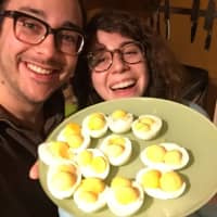 <p>Norwalk residents Maddy Kirshoff and Paul Wheatley with their double-yolk deviled eggs.</p>
