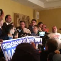 <p>Joe Ganim declares victory at his headquarters in Bridgeport</p>