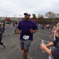 <p>Jimmy Greene, whose daughter Ana Márquez-Greene, was killed in the Sandy Hook School tragedy, running in the Vicki Soto 5K.</p>