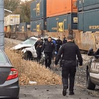 <p>The CSX train hit the vehicle at Columbia and Cortland avenues near the Bergenfield border around 8:30 a.m.</p>