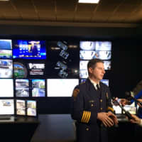<p>Bridgeport Assistant Police Chief James Nardozzi explains the new BSAFE video security center.</p>