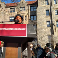 <p>Senator Andrea Stewart-Cousins at the Westchester Resistance Rally in White Plains</p>