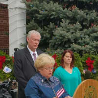 <p>Ilene Levine speaks at the Wreaths Across America ceremony in Fair Lawn.</p>