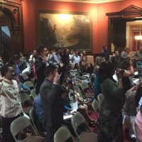 <p>A group of 25 immigrants take the Oath of Allegiance to become United States citizens at a naturalization ceremony at the Lockwood-Mathews Mansion Museum in Norwalk.</p>