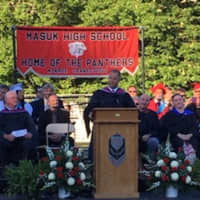 <p>Principal Joseph Kobza speaks at the Masuk High graduation.</p>