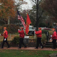 <p>Members of the Marine Corps League Housatonic Detachment march at the memorial at Academy Hill during Stratford&#x27;s Veterans Day ceremony</p>