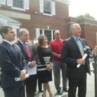 <p>Yorktown Supervisor Michael Grace, flanked by Republicans, criticizes the Democrats for using email addresses obtained through a FOIL request to send campaign literature.</p>