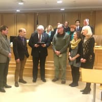 <p>Mahwah Mayor Bill Laforet honors the NY/NJ Trail Conference with the Heritage Award.</p>