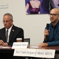 <p>Republican Richard M. Dionisio, left, is the unofficial winner in a three-way race for a seat on the Harrison town/village board. Dionisio is shown with Democrat Christopher Rodier, at right, during a recent League of Women Voters&#x27; forum.</p>