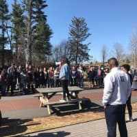 <p>Lindita Kulla, a Pace University sophomore, tells more than 100 fellow classmates, &quot;Never again&quot; to gun violence during a campus rally in Pleasantville on Wednesday.</p>