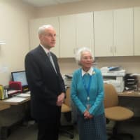 <p>Betty Lupetin celebrates her 90th birthday with Dr. Scott Hayworth, CEO of CareMount Medical where she is an employee.</p>