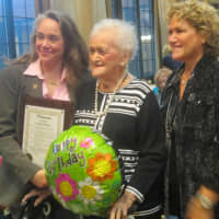 <p>Mayor Victoria Gearity celebrates Evelyn Solomons&#x27; birthday with her and her daughter, Gail Ruhlman.</p>