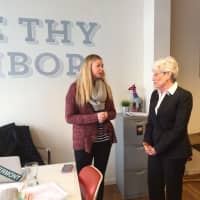 <p>Community organizer Sarah Lewis speaks with Lt. Gov. Nancy Wyman at B:Hive Bridgeport.</p>