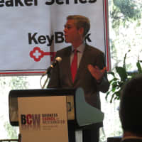 <p>White Plains Mayor Thomas Roach speaking at the Business Council of Westchester KeyBank Speaker Series breakfast.</p>