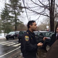 <p>Fairfield Police Lt. James Perez talks to reporters outside 22 Mountain Laurel Road, where a man was shot to death by an officer after refusing to drop a weapon during a domestic violence incident, police said.</p>