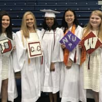 <p>Briarcliff High School&#x27;s Class of 2018 graduates tipped their commencement caps to note the colleges they are attending in the fall. From left to right, are: Jill Reiner, Gabriella Lo Bello, Leila Miller, Kala Herh and Alexandra Steinberg.</p>