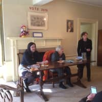 <p>Patricia Funt Oxman, Patricia Brooks and Janet Lindstrom speak to participants at the New Canaan Historical Society, after the second annual cemetery tour.</p>