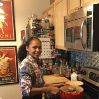 <p>Linda Celese Sims in her New Rochelle kitchen.</p>