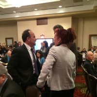 <p>Mayor Joseph P. Ganim chats with business leaders at a luncheon of the Bridgeport Regional Business Council.</p>