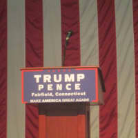 <p>The podium is set up for the Republican candidate, Donald Trump.</p>
