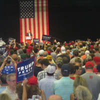 <p>Trump-Pence signs fill the gym at the rally at Sacred Heart University as Donald Trump rallies the crowd on Saturday night.</p>