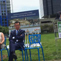 <p>Alexandra Cohen, who dreamed of being a figure skater as a child, joins Gov. Dannel Malloy and Arthur Selkowitz, founder of the Mill River Collaborative, at the groundbreaking for the rink. Cohen and her husband donated $5 million for the rink.</p>