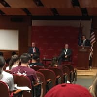 <p>State Attorney General George Jepsen speaks on Constitution Day in the Schine Auditorium at Sacred Heart University.</p>