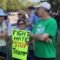 <p>Protesters outside the Trump rally at SHU.</p>