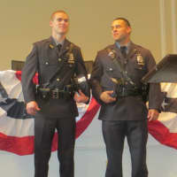 <p>Alexander F. Whalen, left, and Chad Delgado are Rye Police Department&#x27;s newest patrol officers after a swearing-in ceremony on Friday at Rye City Hall.</p>