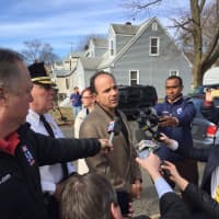 <p>Bridgeport Mayor Joe Ganim speaks to reporters Friday morning at the scene of an overnight murder and child abduction.</p>
