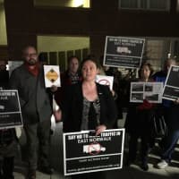 <p>Norwalk resident and 3rd Taxing District commissioner Deb Goldstein protests the design of the new East Avenue Bridge at city hall Tuesday evening.</p>
