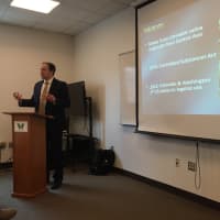 <p>Dr. John Douglas of New Canaan&#x27;s Silver Hill Hospital delivers a presentation on marijuana to a group of Wilton parents Tuesday following the presentation of survey results on substance abuse in Wilton teens.</p>