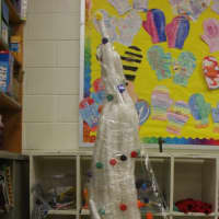 <p>One of the winners of the contest: This tower included twisting cables and the word &quot;recycle at the bottom.&quot; Constructed by a class of third graders.</p>