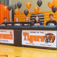 <p>Another view from Wednesday&#x27;s college sports signing ceremony at Palmer Guyn. Mamaroneck High School student-athletes, from left to right, runner Samuel Morton; rowers Lindsay Devore, Nina Smoor and Alexa Cestaro; and baseball star Andrew Francella.</p>