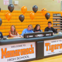 <p>Mamaroneck High School student-athletes signing their letters of intent during a ceremony Wednesday are, from left to right, Samuel Morton,  Lindsay Devore, Nina Smoor, Alexa Cestaro and Andrew Francella.</p>