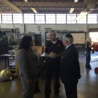 <p>Assemblymen Marlene Caride and Gary Schaer tour City Theatrical with President Gary Fails.</p>