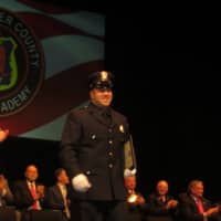 <p>One of 45 of the newest graduates of the Westchester County Police Academy.during ceremonies Friday at SUNY Purchase.</p>