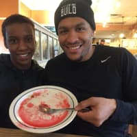 <p>Thomas Pierce of Hackensack and Amber Redmond of Maywood show off their clean plate.</p>