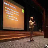 <p>Pamela Mautte, director of the Greater Valley Substance Abuse Council, discusses opioid addition with Shelton residents Monday.</p>