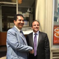 <p>Bridgeport Mayor Joe Ganim, right, and Saudi Prince Turki M al Saud meet for lunch in downtown Bridgeport.</p>