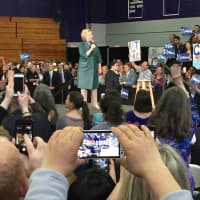 <p>Hillary Clinton speaks at a campaign rally at the University of Bridgeport on Sunday.</p>