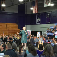 <p>Hillary Clinton arrives to speak to the crowd at the University of Bridgeport Sunday.</p>