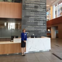 <p>Ellen Komar, vice president of patient care and chief nursing officer for Stamford Health, in the new lobby of Stamford Hospital.</p>