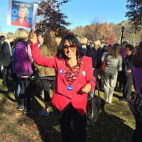 <p>Greenwich resident Naima Shea at the Hillary Pantsuit Flashmob in Chappaqua on Election Day 2016.</p>