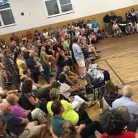 <p>U.S. Sen. Chris Murphy answers questions from the key in the gym at Edmond Town Hall in Newtown on Wednesday night. The estimate from his staff put the crowd at 500 people.</p>