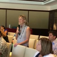 <p>Susan Birge, director of counseling and psychological services at Fairfield University, discusses opioid addiction at a campus panel discussion.</p>