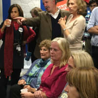 <p>Jonathan Steinberg, projected winner for the state House, is flanked by Jessica Bram and Ellen Lautenberg.</p>